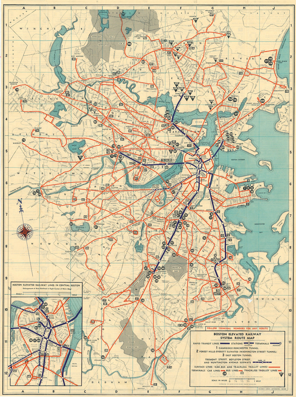 Boston Elevated Railway System Route Map 1942