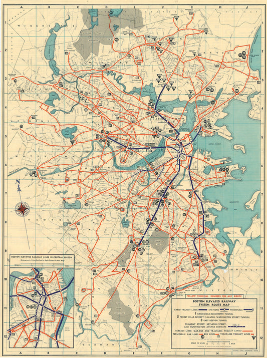 Boston Elevated Railway System Route Map 1942