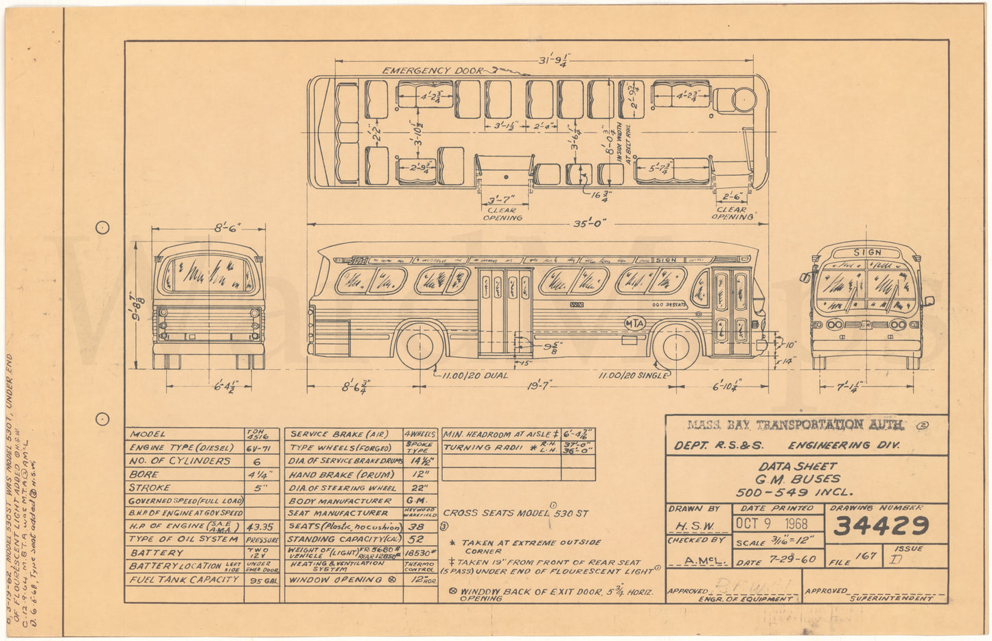 Vehicle Data Sheet 34429: MBTA GM Buses #500-549, 1960