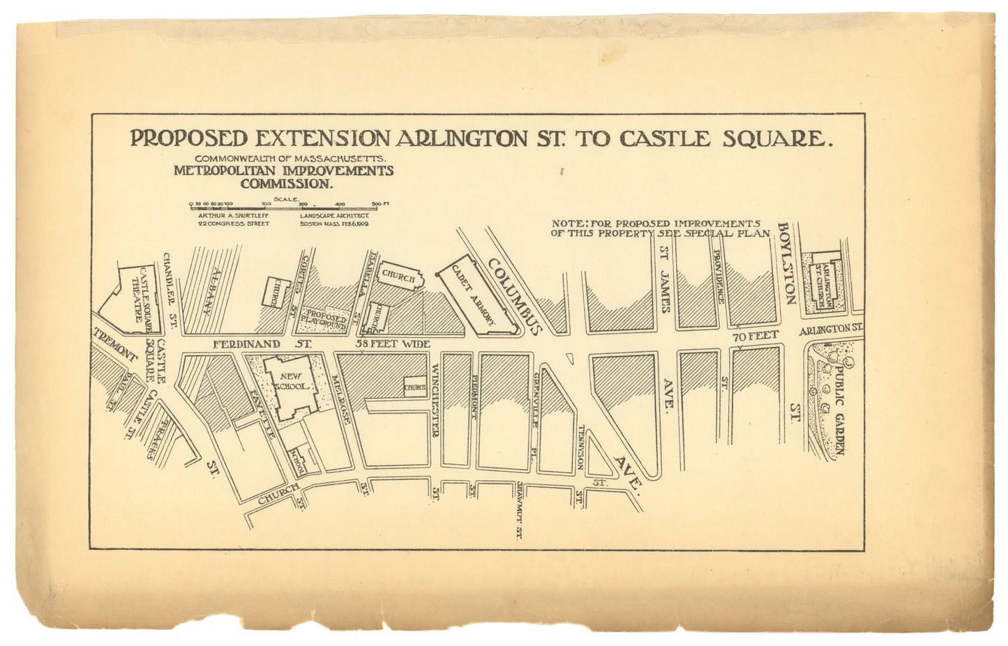Boston, Massachusetts 1909: Proposed Extension Arlington Street to Castle Square