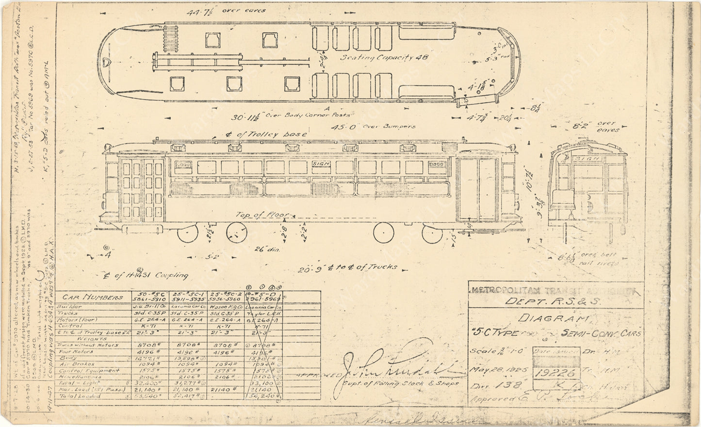 Vehicle Data Sheet 19226: MTA Type 5C Semi-Convertible Cars 1947