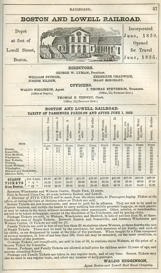 Boston & Lowell Railroad Print Ad 1852