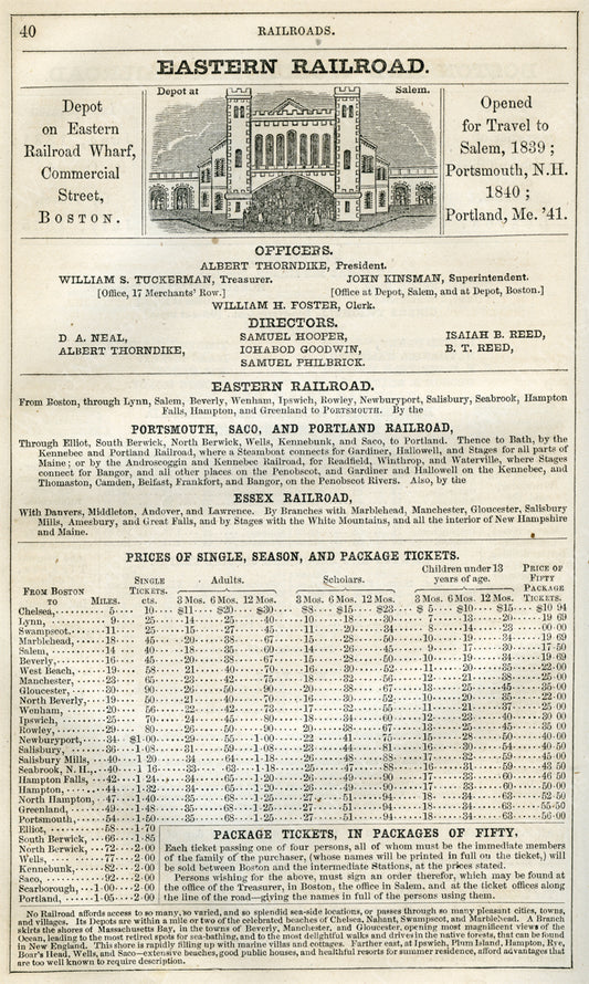 Eastern Railroad Print Ad 1852