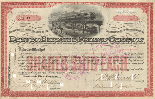 Boston Elevated Railway CO. Stock Certificate 1900