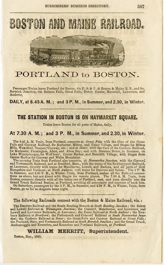 Boston & Maine Railroad Print Ad "Portland to Boston" 1861