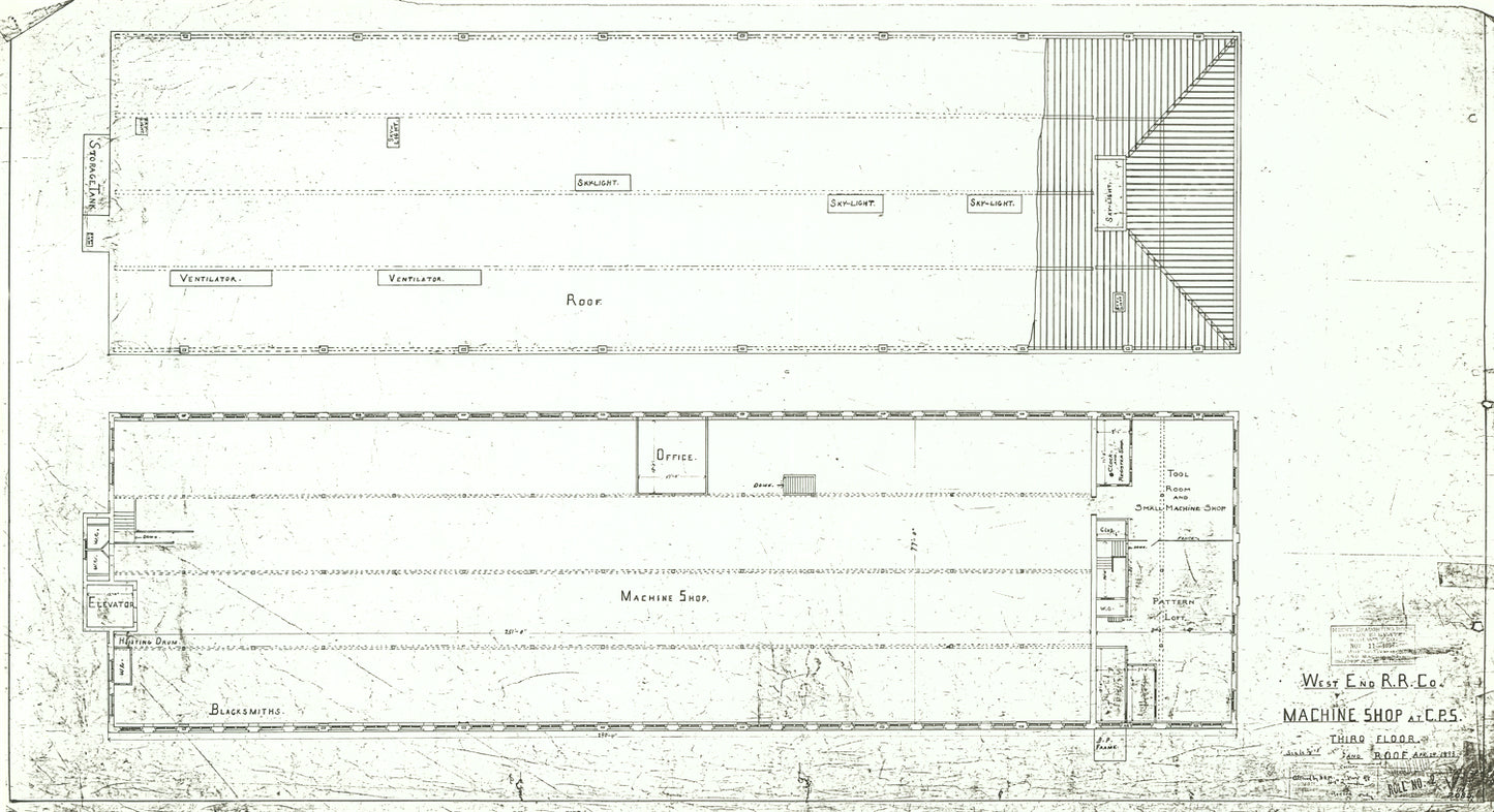 Central Power Station Machine Shop, South End, Boston, Massachusetts 1890s: Third Floor and Roof Plans