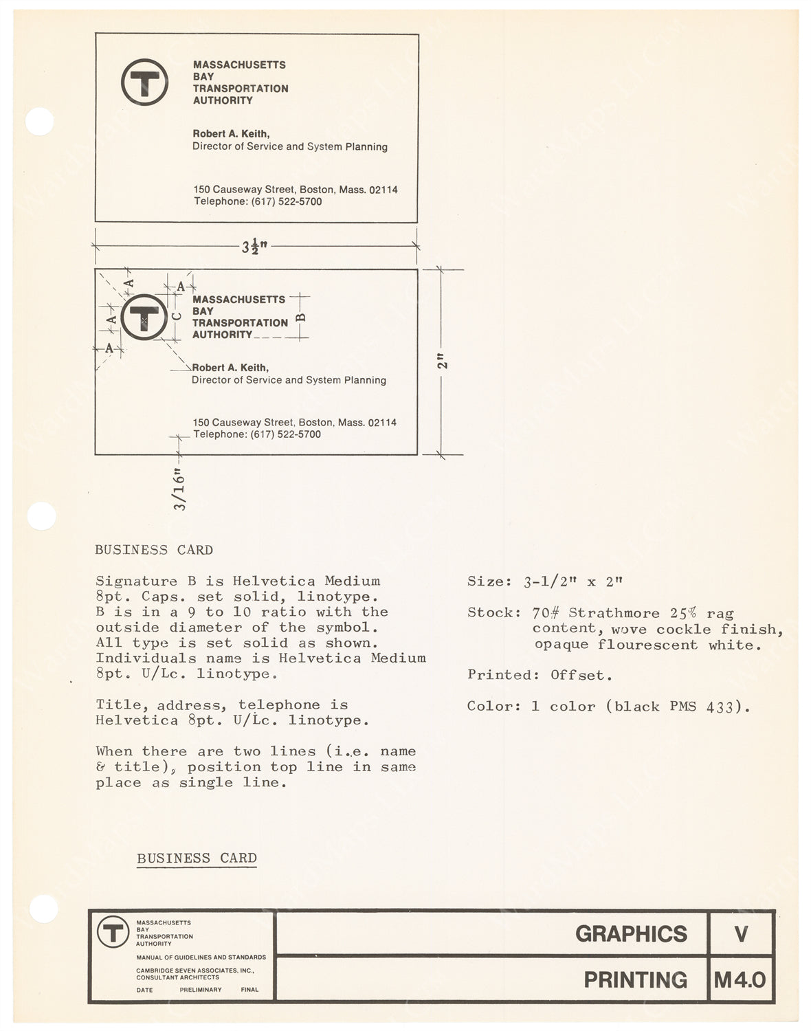 MBTA Printed Materials Specification Sheet 1966: Business Cards