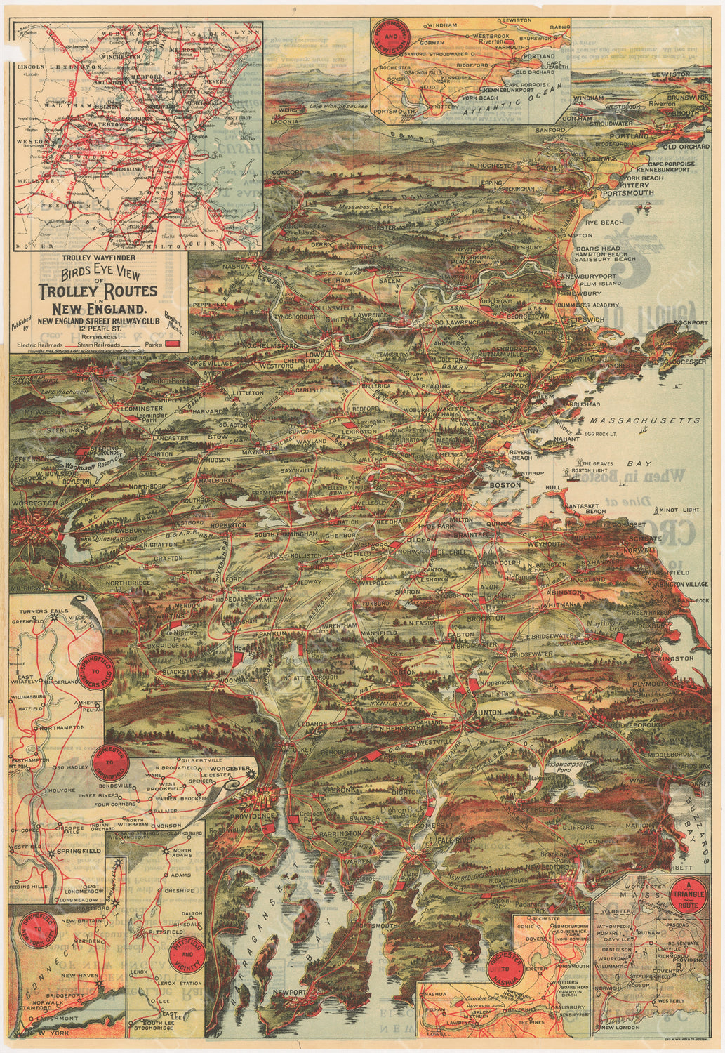 Bird's Eye View of Trolley Routes in New England 1907