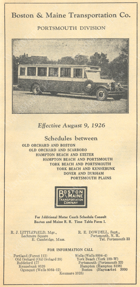 Boston & Maine Transportation Co. Motor Coach Timetable 1926