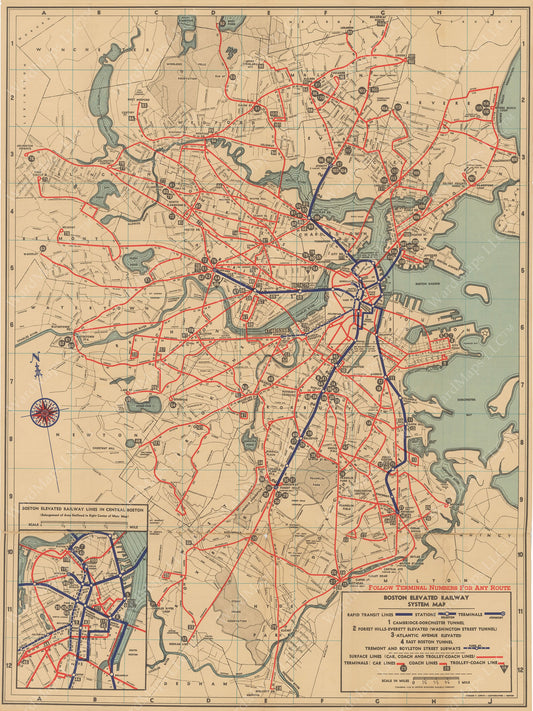 Boston Elevated Railway System Route Map 1936