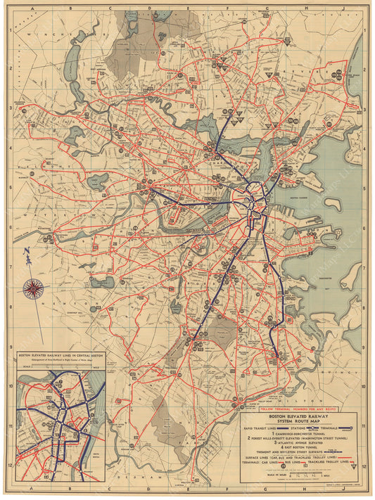 Boston Elevated Railway System Route Map 1937