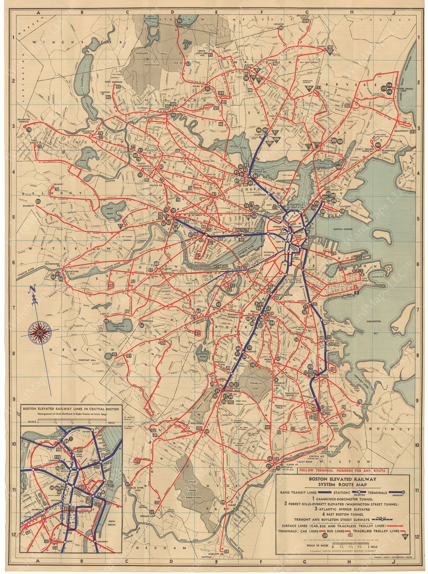 Boston Elevated Railway System Route Map 1938