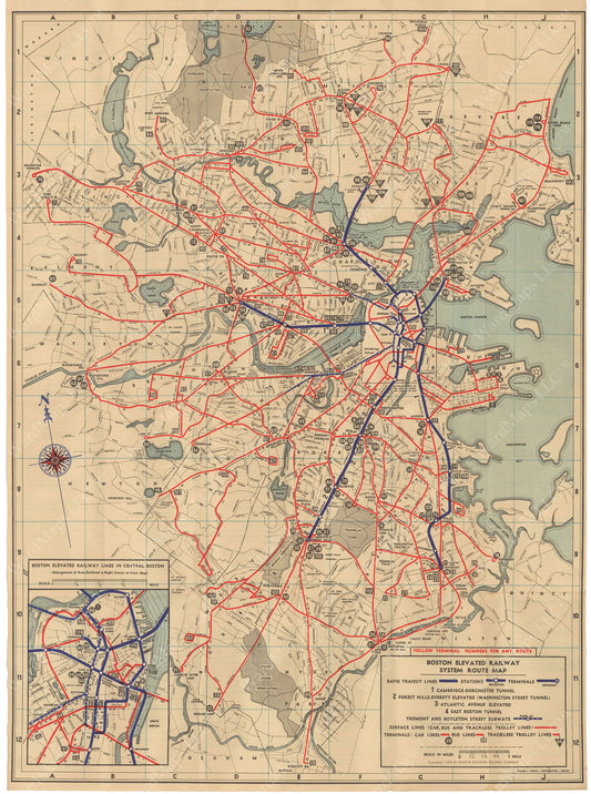 Boston Elevated Railway System Route Map 1938