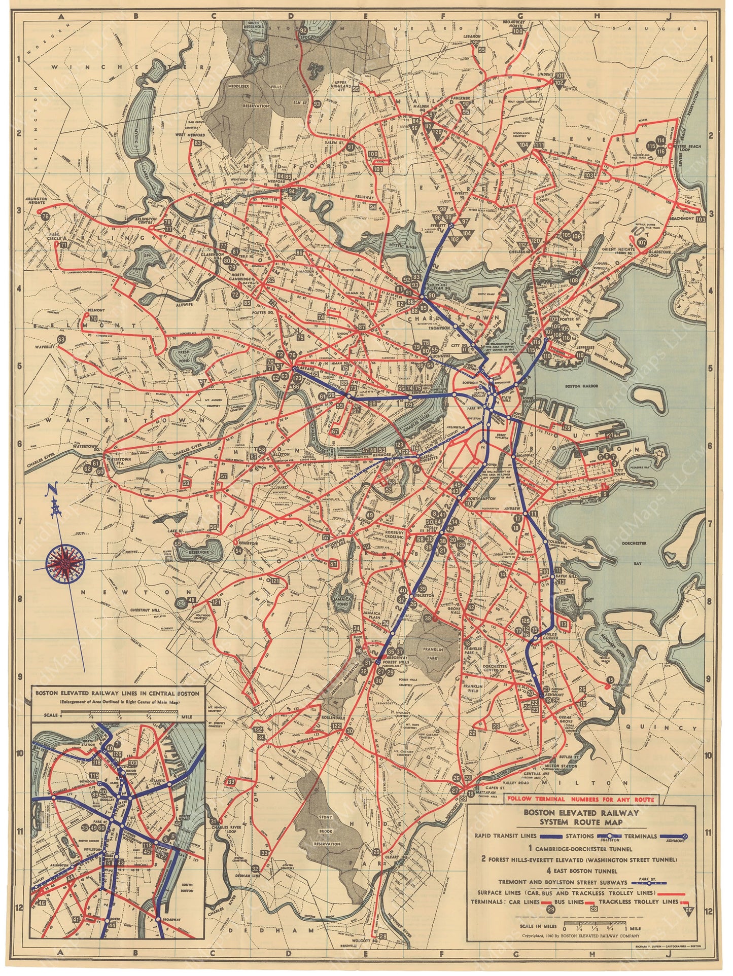 Boston Elevated Railway System Route Map 1940