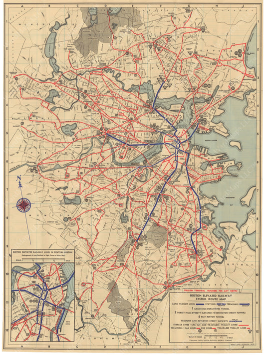 Boston Elevated Railway System Route Map 1940