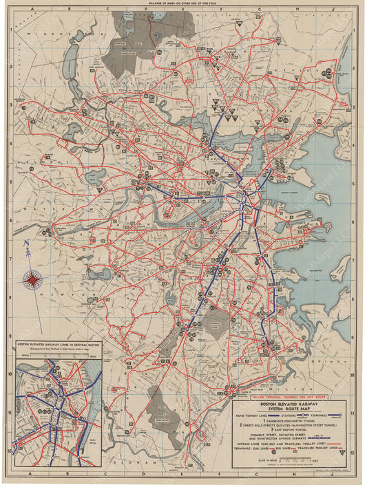 Boston Elevated Railway System Route Map 1943