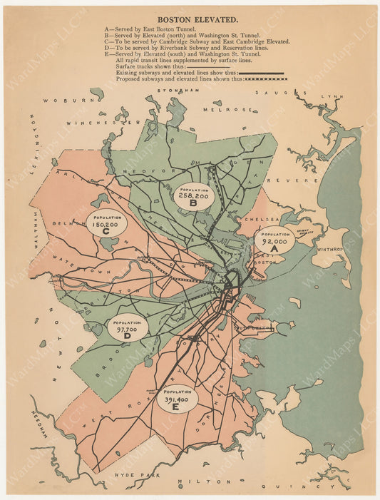 Boston Elevated Railway Population Map circa 1900