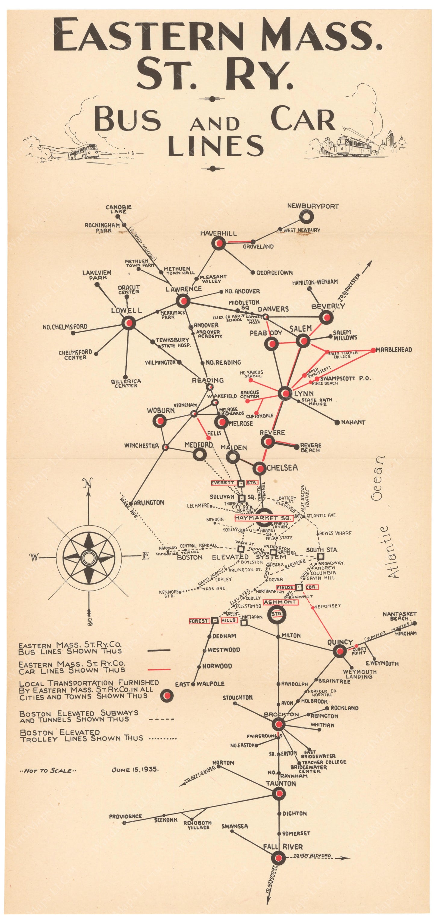 Eastern Mass. Street Railway Co. Bus and Car Lines Map 1935