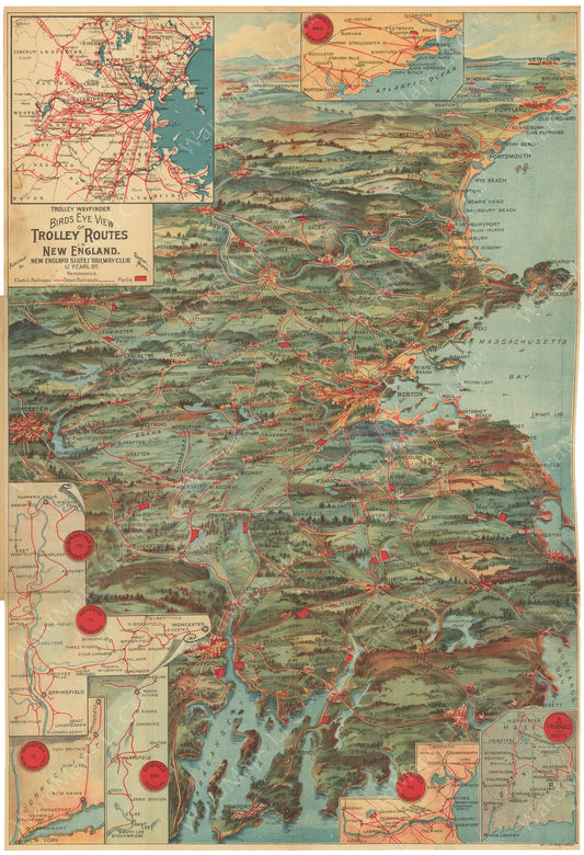 Bird's Eye View of Trolley Routes in New England 1904