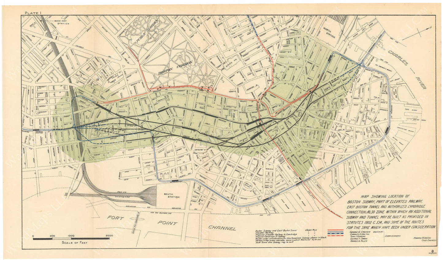 BTC Annual Report 09, 1903 Plate 01: Mapping Options for the Washington Street Tunnel