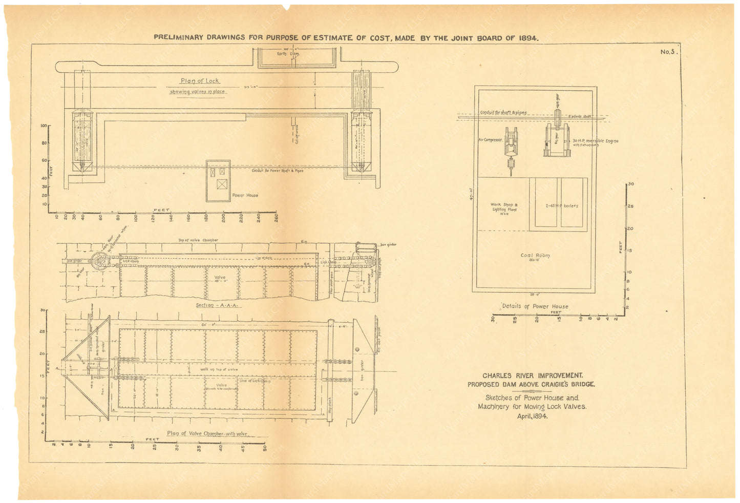 Charles River Dam Report 1903: Preliminary Drawing No 5, April 1894