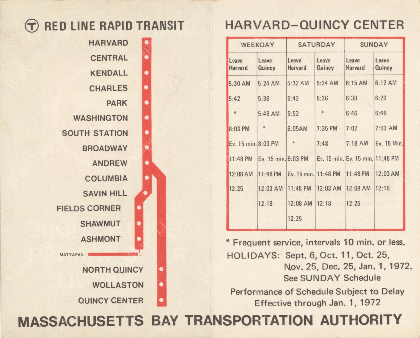 Red Line South Shore Schedule Card (Side B) 1971
