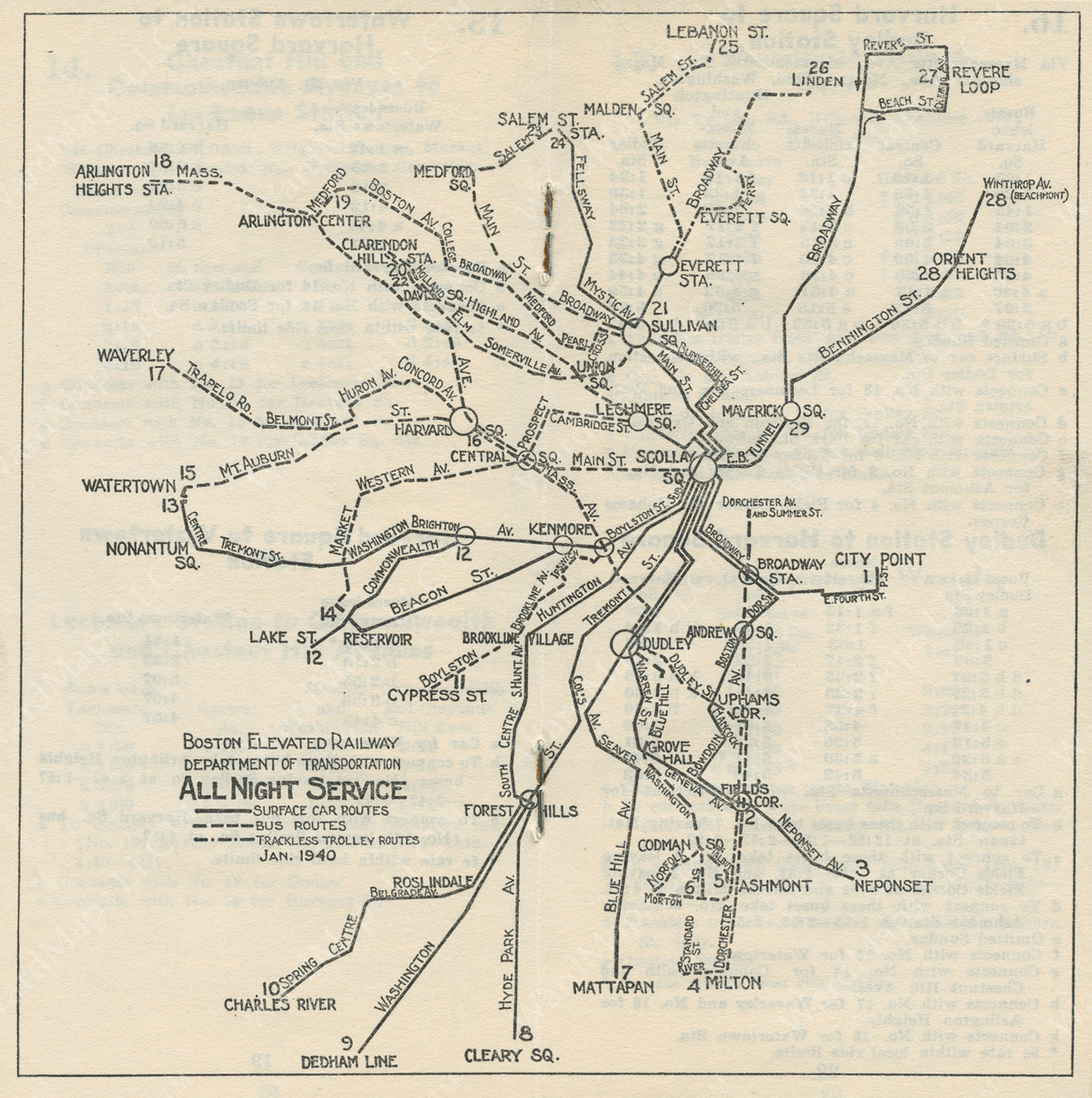 Boston Elevated Railway Night Service Map 1940
