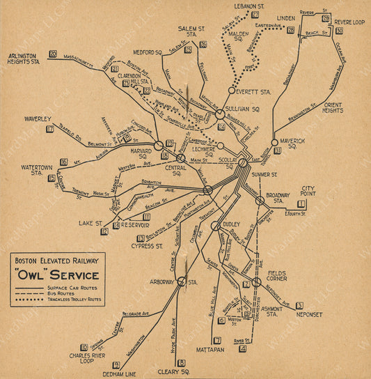Boston Elevated Railway Night Service Map 1945