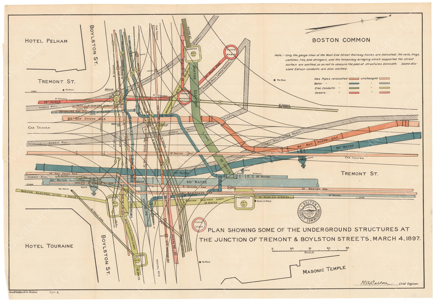 BTC Annual Report 04, 1898 Plate 02: Underground Structures, Tremont at Boylston Streets, March 4, 1897