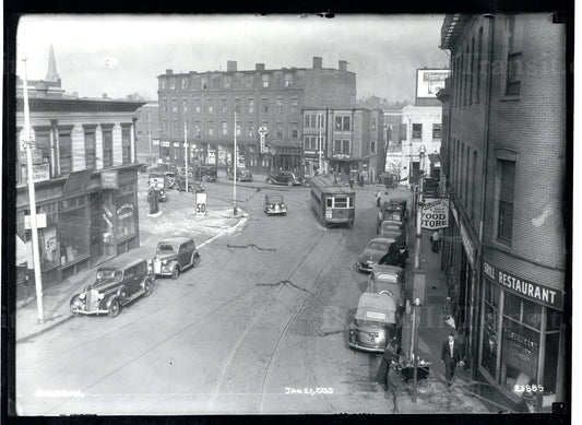 Streetcar at Guild Row, Roxbury, January 21, 1939
