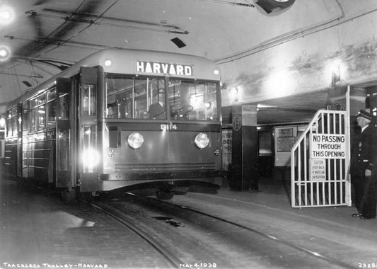 Trackless Trolley at Harvard Station, May 4, 1938