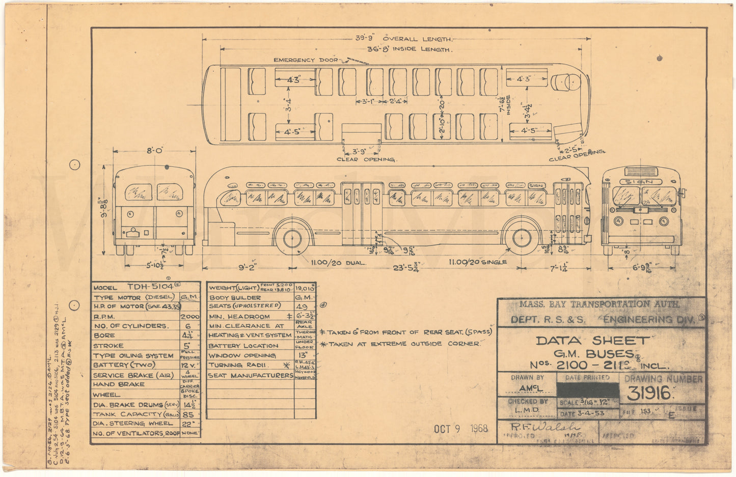 Vehicle Data Sheet 31916: MBTA GM Buses #2100-211X, 1953