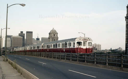 Train of MBTA Red Line 01400s Crossing Longfellow Bridge from Boston 1967