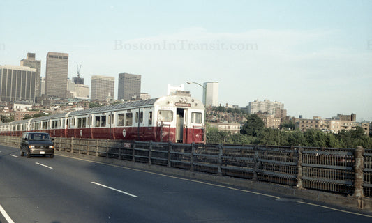 Train of MBTA Red Line 01400s Crossing Longfellow Bridge from Boston 1967 #3