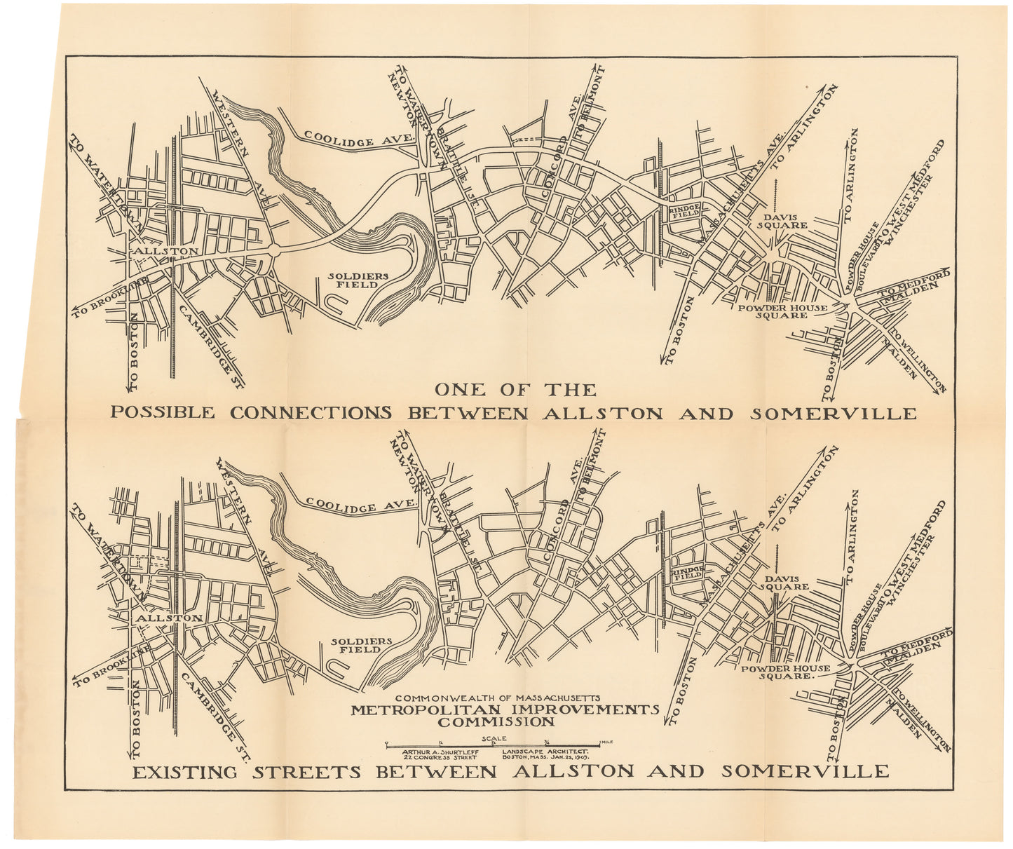 Connections Between Allston and Somerville, Massachusetts 1909: Existing and Possible