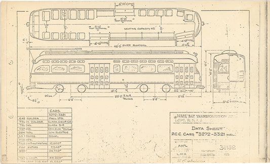 Vehicle Data Sheet 31152: MBTA PCC Cars #3272-3321, 1951