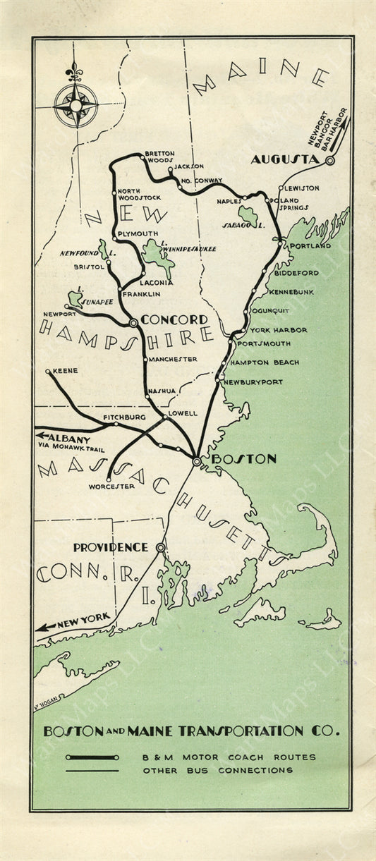 Boston & Maine Transportation Co. Bus Schedule Map 1932