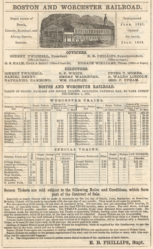 Boston & Worcester Railroad Print Advertisement 1864