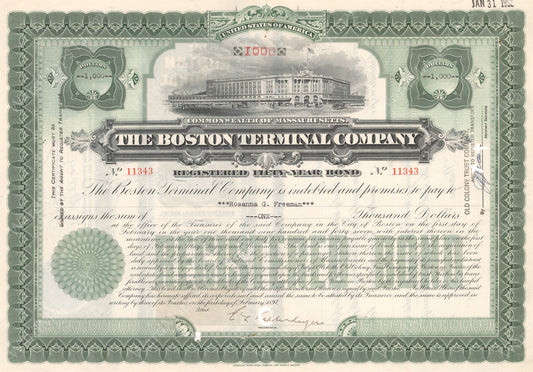 Boston Terminal Company Bond Certificate 1897