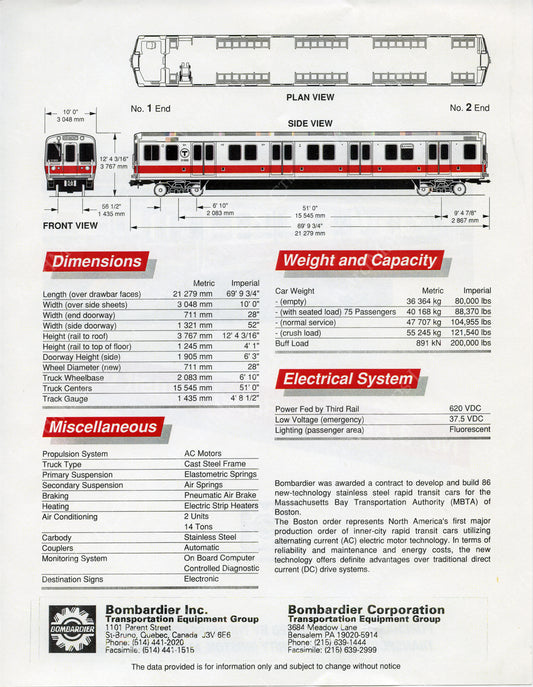 MBTA Red Line Type 3 Rapid Transit Car Pamphlet (Side B) 1992