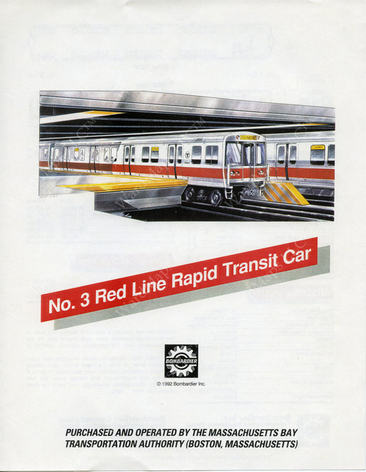 MBTA Red Line Type 3 Rapid Transit Car Pamphlet (Side A) 1992