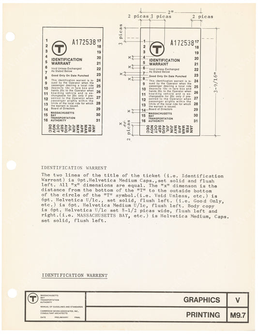 MBTA Printed Materials Specification Sheet 1966: Identification Warrent