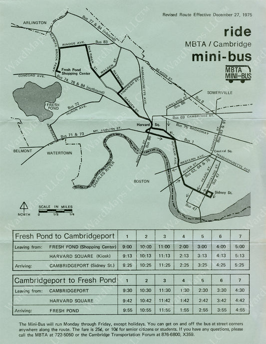 MBTA Cambridge Mini Bus Timetable and Map 1975