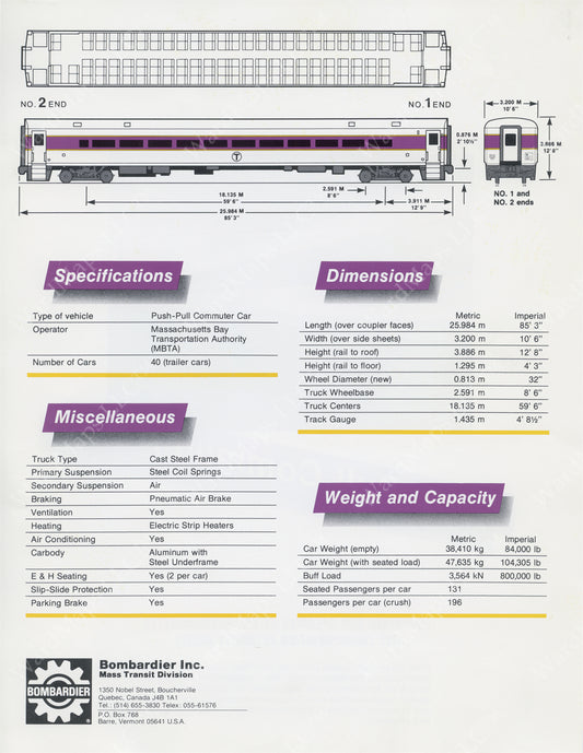 MBTA 600-series Push-Pull Commuter Car Brochure (Side B) Circa 1989
