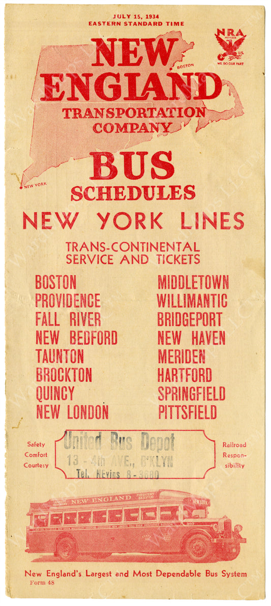 New England Transportation Co. Schedule Cover 1934