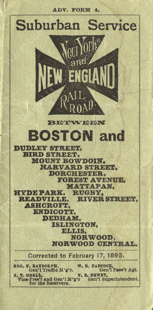 New York & New England Railroad Timetable Cover 1895