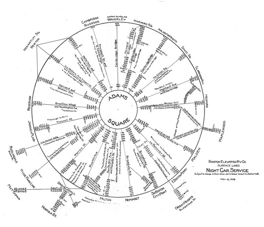 Boston Night Car Service Diagram, November 18, 1909