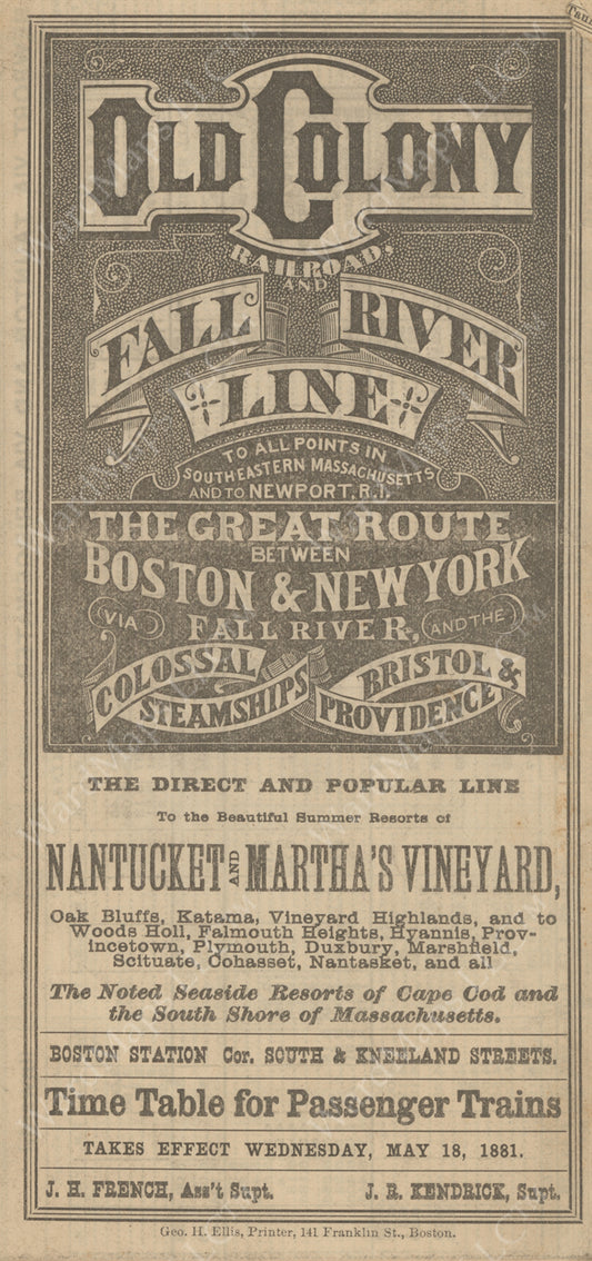 Old Colony Railroad Timetable Cover 1881