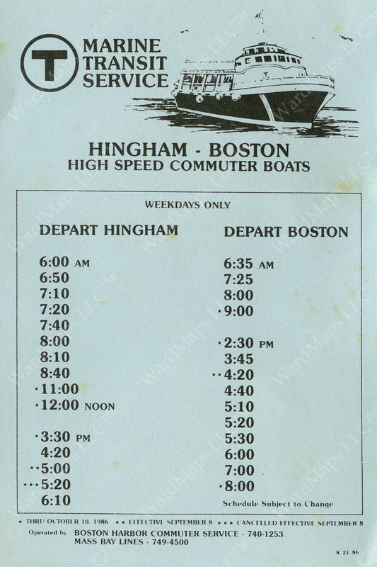 MBTA Hingham Ferry Schedule Card 1986