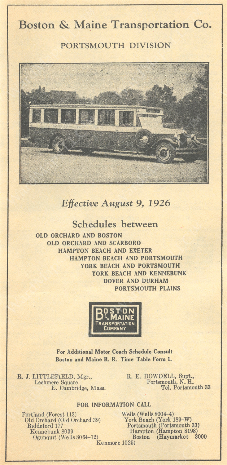 Boston & Maine Transportation Co. Motor Coach Timetable 1926